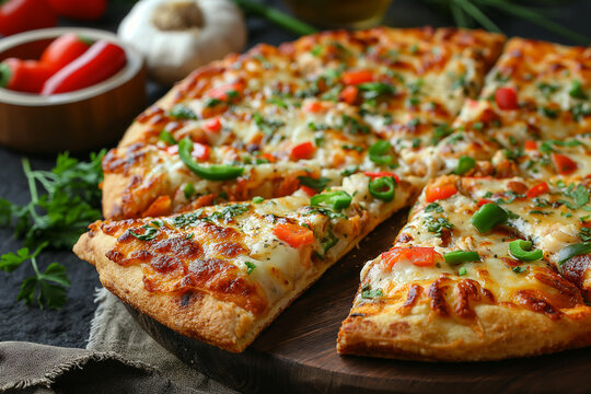 Slice of hot pizza large cheese lunch or dinner crust seafood meat topping sauce.