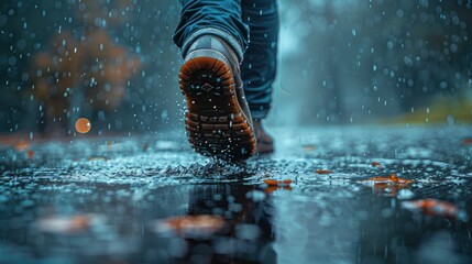Person Walking in Rain With Orange Shoes - obrazy, fototapety, plakaty