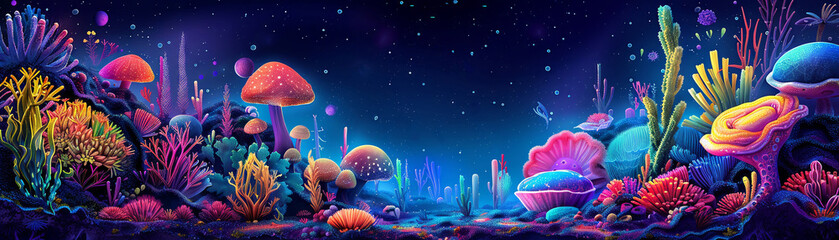 Extraterrestrial vibrant ecosystem, alien flora and fauna, imaginative and colorful, copy area