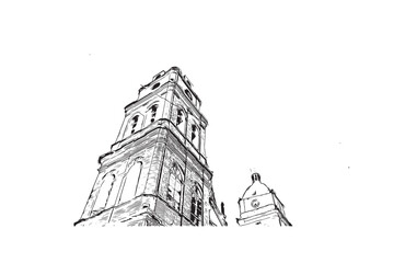 Print Building view with landmark of Santa Cruz de la Sierra is the city in eastern Bolivia. Hand drawn sketch illustration in vector.