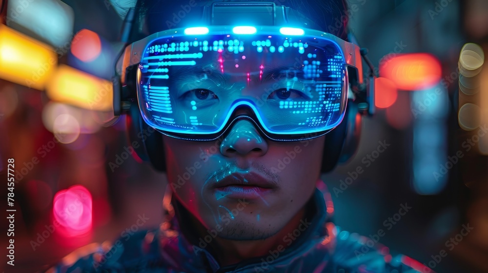 Poster A man wears a 3D VR headset in a virtual reality simulation in a metaverse environment, dressed in a cyberpunk style suit. The metaverse is a concept world in which video computer games can be