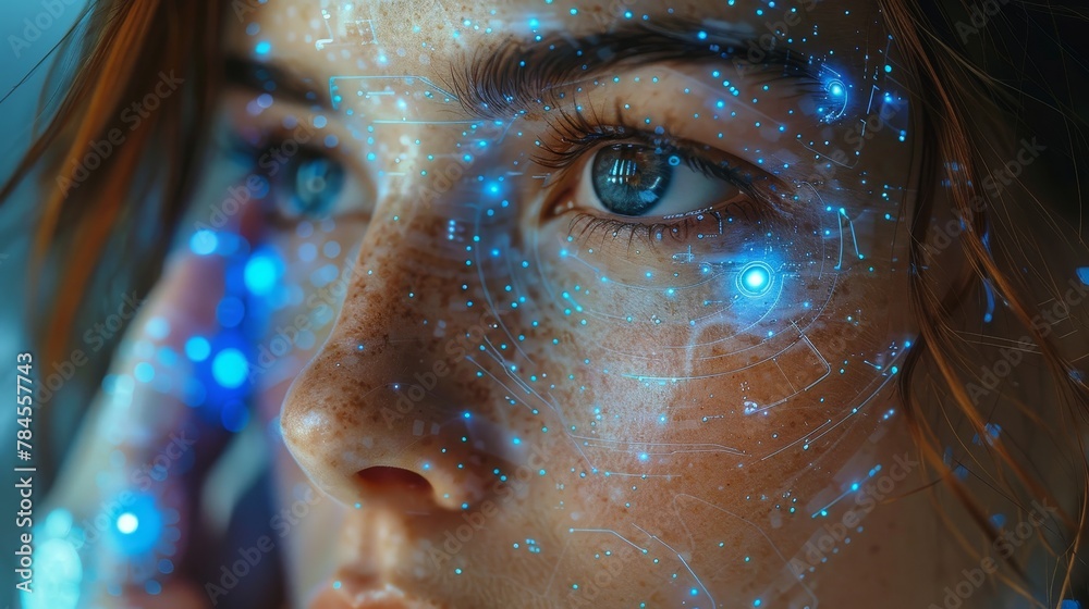 Aufkleber Physiological robotics concept image showing a female cyborg working on a 3D holographic interface. Anthropomorphic artificial intelligence with human face and hand.