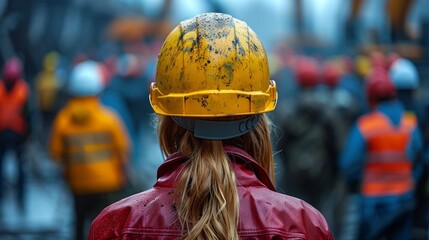 Construction worker with a yellow helmet at a workers' assembly - 784557730