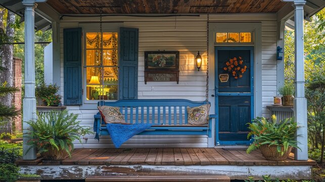 Serene Front Porch Retreat with Blue Bench Swing and Charming White House