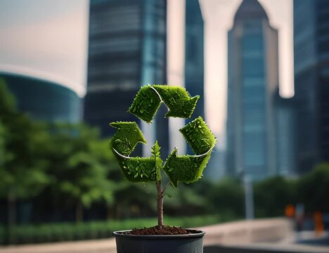close-up of small green tree in form of Recycle sign in side on bllured bokeh day skyscrapers city street background