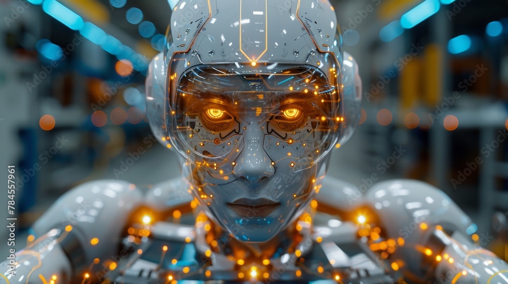 Poster In future science labs, robot heads are connected to computers. Cyborg artificial intelligence, computer interface with a touch screen.