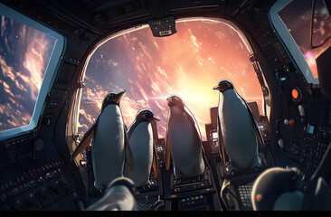 realistic looking penguins in a spaceship heading to the moon - obrazy, fototapety, plakaty