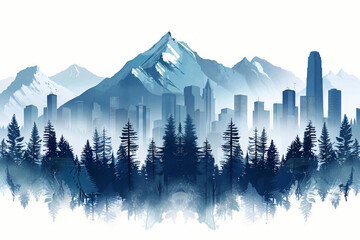 Illustration of skyscrapers with forest and mountain, animated style on white, space for message - obrazy, fototapety, plakaty