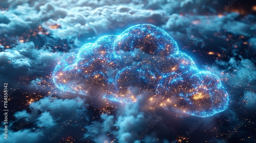 Aufkleber Cloud internet storage, cloud computing, computer networks communication banner. Database in image skyscraper. Electronics and digital hardware technology concept banner.