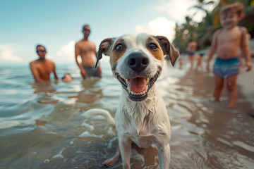 A dog with a family on the beach. World dog day.