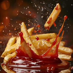 A dynamic shot capturing the moment when someone dips a fry into a pool of ketchup, with the focus on the action and the vibrant colors of the condiment.