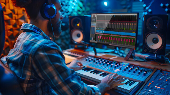 sound producer using a DAW in a sound studio, producer music editing audio mixer mixing console