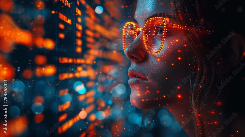 Poster Artificial intelligence (AI) in business and fintech. A robot trader looks at trading charts and analyses economic data in the space of finance.
