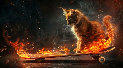 Fire-riding skateboard cat in dynamic action scene - obrazy, fototapety, plakaty