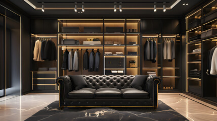 Ein Luxusgeschäft für Herrenbekleidung mit einem braunen Ledersofa, elegantes schwarzes Ledersofa