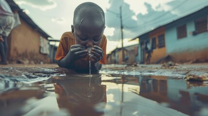 Little African boy drinks water from a puddle. AI generative.