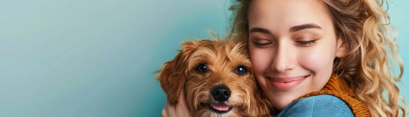Smiling woman with her dog, pastel light blue background, studio, loving hug, space for text