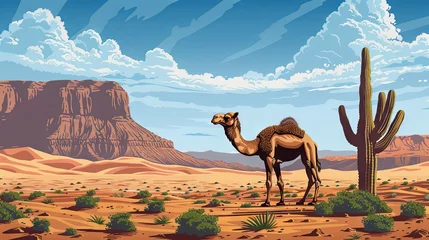 Küchenrückwand glas motiv Majestic camel standing in a desert landscape with cacti and mountains © volga