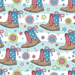 Seamless pattern of western boots with stars and stripes. This illustration has an American Independence Day theme. Pattern for fabric and wrapping paper, design wallpaper and fashion prints.