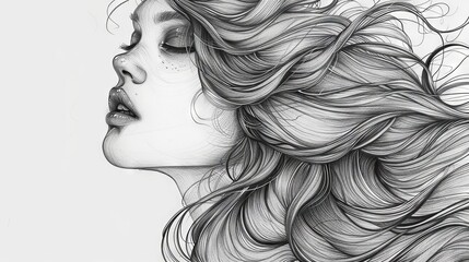 Elegant profile of a young woman with flowing hair in monochrome sketch