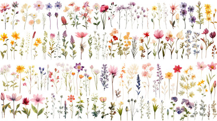 Set of watercolor wildflowers painting isolated on clear png background and transparent background. Fresh and nature concept for nature decorative and flower element, AI generative.	