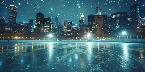 Nighttime Ice Skating in New York City with Skyscrapers Illuminated in the Background
