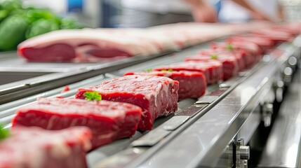 Fresh meat cuts on conveyor belt in modern food processing plant