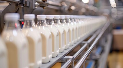 Milk bottling production line in modern dairy factory