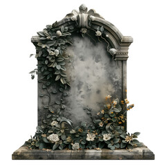 Vintage tombstone adorned with sculpted flowers and leaves isolated on transparent backgroundv - obrazy, fototapety, plakaty