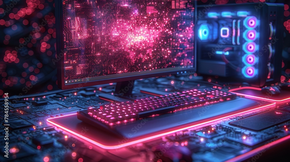 Leinwandbilder isometric illustration of an illuminated gaming computer. standard computer case, monitor, keyboard 