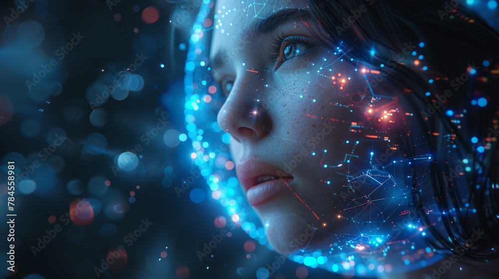 Poster Robotic lady working in 3D virtual reality cyberspace. Robotic woman looking up, analyzing geometrical spherical 3D diagram with datum. Illustration of a woman cyborg using AI.