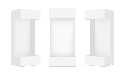 Set Of Blank Packaging Box With Window, Front And Side View, Isolated On White Background. Vector Illustration