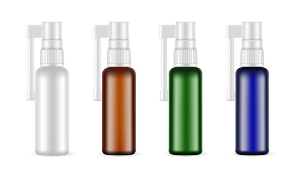 Set Of Throat Spray Bottles, Front View, Isolated On White Background. Vector Illustration