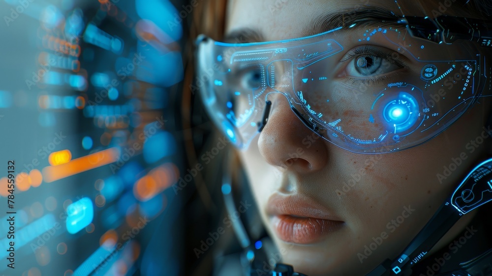 Aufkleber Floating female robot with artificial intelligence in zero gravity among the data charts and diagrams and the neural networks learning concept.