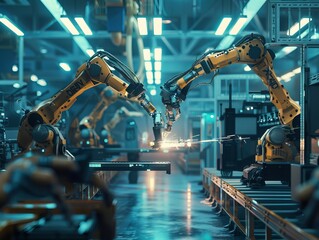 An engineer oversees and manages welding robotics, automated arms machinery within an intelligent automotive industrial factory, utilizing monitoring system software
