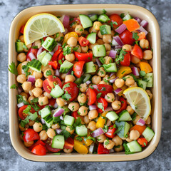 A top-down shot of a protein-packed chickpea salad arranged in a square serving dish, featuring a mix of chickpeas, diced bell peppers, cherry tomatoes, cucumber slices, red onions, and parsley, dress