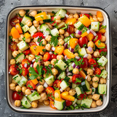 A top-down shot of a protein-packed chickpea salad arranged in a square serving dish, featuring a mix of chickpeas, diced bell peppers, cherry tomatoes, cucumber slices, red onions, and parsley, dress