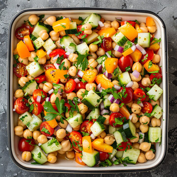 A top-down shot of a protein-packed chickpea salad arranged in a square serving dish, featuring a mix of chickpeas, diced bell peppers, cherry tomatoes, cucumber slices, red onions, and parsley, dress