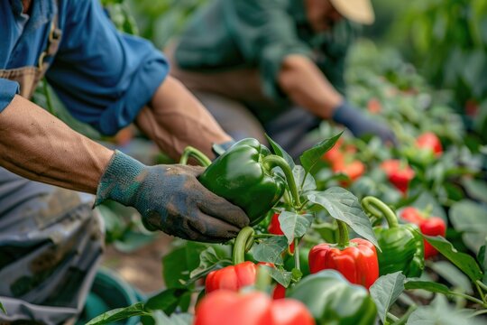 People growing bell pepers on a farm
