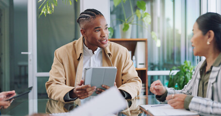 Tablet, happy business people with boss and black man at pitch feedback for project management...