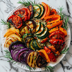 A top-down shot of a quinoa salad with roasted vegetables, arranged in a circular pattern on a white platter, highlighting the vibrant colors and textures of the dish.