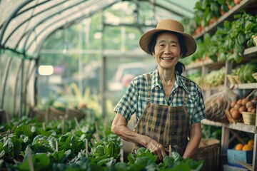 Obraz premium Interior of a greenhouse with a middle aged female worker