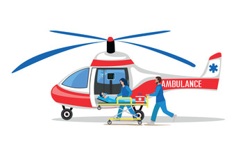 A professional team of paramedics delivers a patient by helicopter to the hospital. Ambulance, emergency medical care. Thanks to the doctors and nurses. Urgent hospitalization. Vector illustration. - 784559724