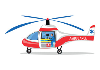 A professional team of paramedics delivers a patient by helicopter to the hospital. Ambulance, emergency medical care. Thanks to the doctors and nurses. Urgent hospitalization. Vector illustration. - 784559728