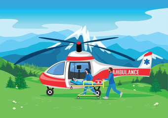 A professional team of paramedics delivers a patient by helicopter to the hospital. Ambulance, emergency medical care. Thanks to the doctors and nurses. Urgent hospitalization. Vector illustration. - 784559734