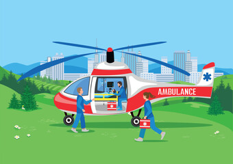 A professional team of paramedics delivers a patient by helicopter to the hospital. Ambulance, emergency medical care. Thanks to the doctors and nurses. Urgent hospitalization. Vector illustration. - 784559743