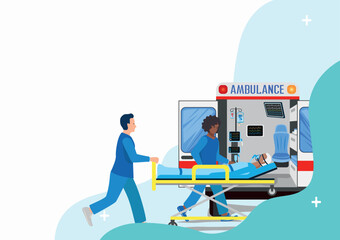 A professional team of paramedics provides assistance to a patient. Ambulance, emergency medical care. Thanks to the doctors and nurses. Urgent hospitalization. Vector illustration. - 784559759