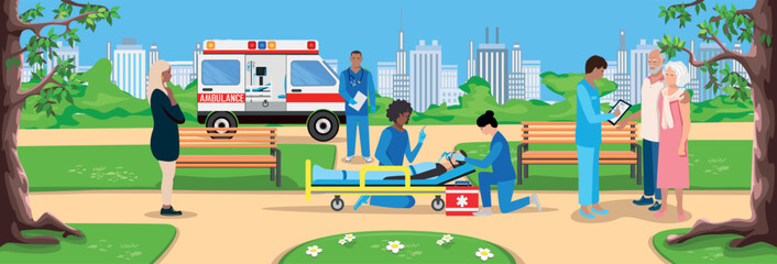 A professional team of paramedics provides assistance to a patient. Ambulance, emergency medical care. Thanks to the doctors and nurses. Urgent hospitalization. Vector illustration. - 784559769