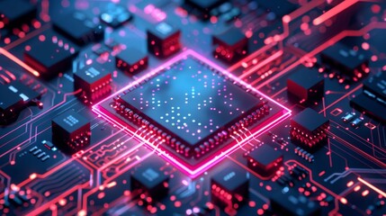 Concept of quantum computer, big data processing, and databases. CPU isometric banner. Concept of central CPUs. Digital chip.......