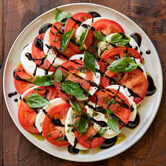 A top-down view of a vibrant Caprese salad arranged on a round plate, with alternating slices of ripe tomatoes, fresh mozzarella cheese, and basil leaves drizzled with balsamic glaze and olive oil.